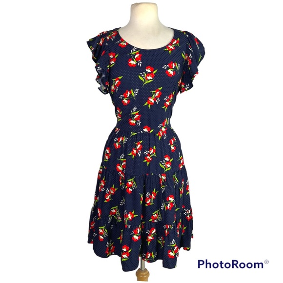 JILL STUART Midnight Navy Blue Red Floral Jacquard Flutter Sleeve Dress Medium - Picture 3 of 10